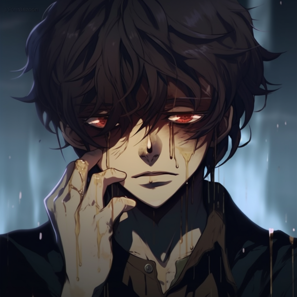 Close-up view of an anime boy in tears, with strong emphasis on detailed facial contours and soft colors. anime pfp with tears pfp for discord.