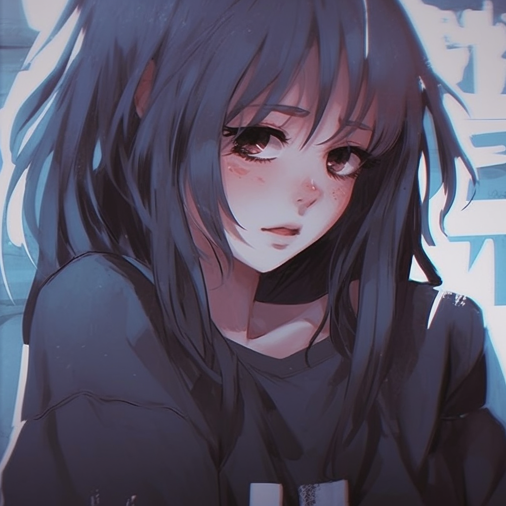 Anime girl looking upset in the rain, water droplets and reflected light are vividly illustrated with vibrant color gradients. aesthetic anime girl with sad pfp