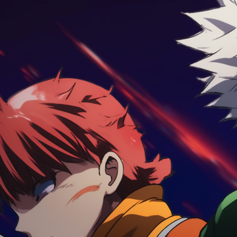 Two characters in matching outfits, detailed shading and cool colors. gon and killua, hunter x hunter matching pfp pfp for discord.