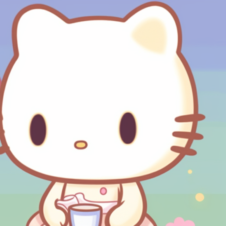 Two Hello Kitty characters in playful poses, brimming with bright, sparkling colors. cute hello kitty pfp matching pfp for discord.