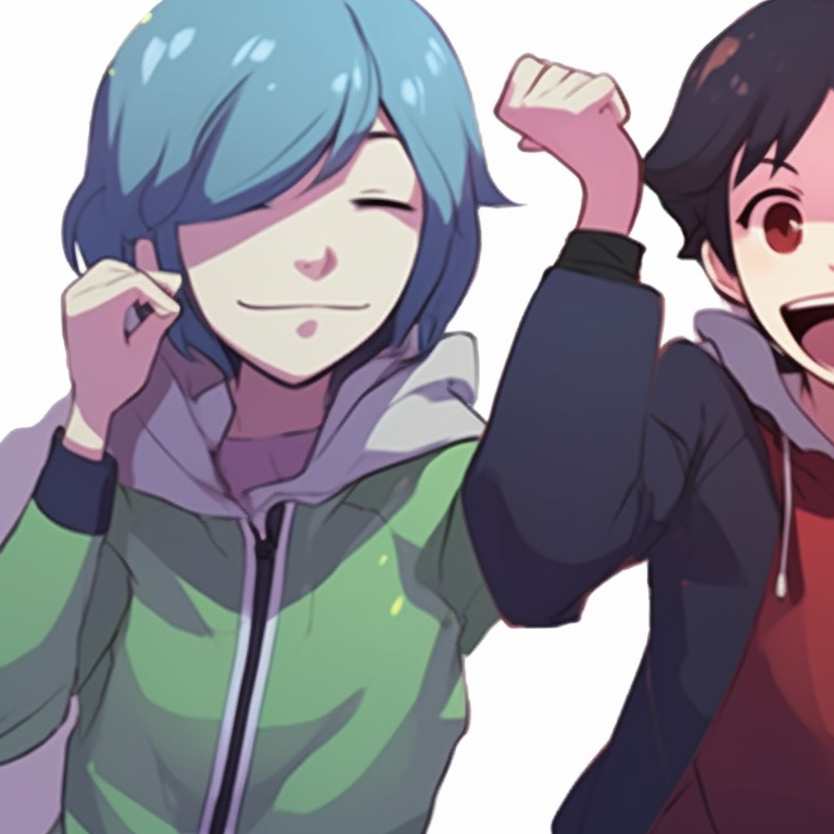 Floating four characters, cartoonish and exaggerated features, playing a prank on each other. funny matching pfp for 4 friends pfp for discord.