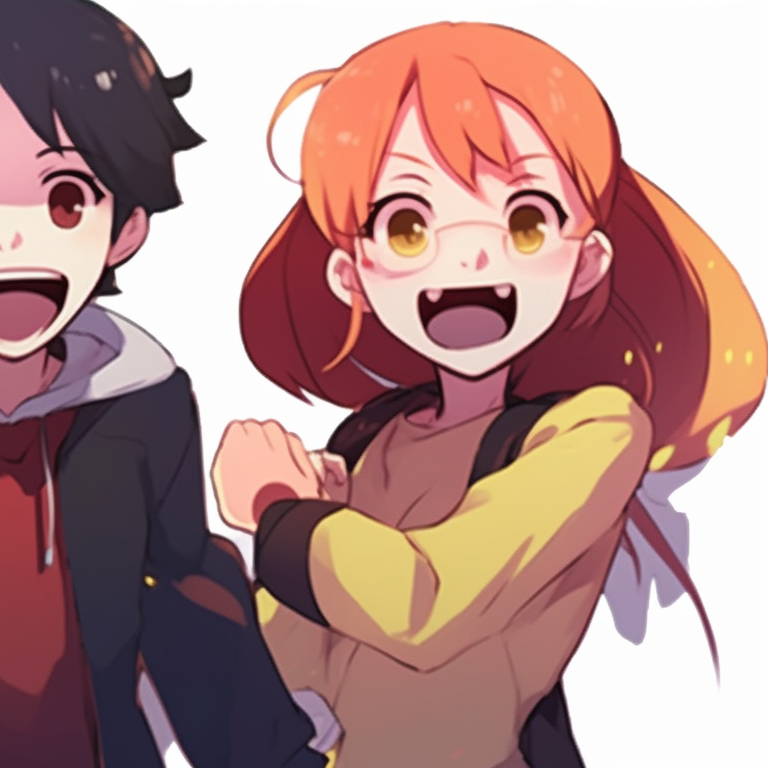 Floating four characters, cartoonish and exaggerated features, playing a prank on each other. funny matching pfp for 4 friends pfp for discord.