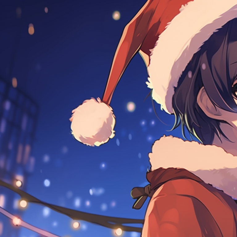 Two characters sharing a Santa hat, intimate environment, cozy colors. festive matching anime christmas pfp pfp for discord.