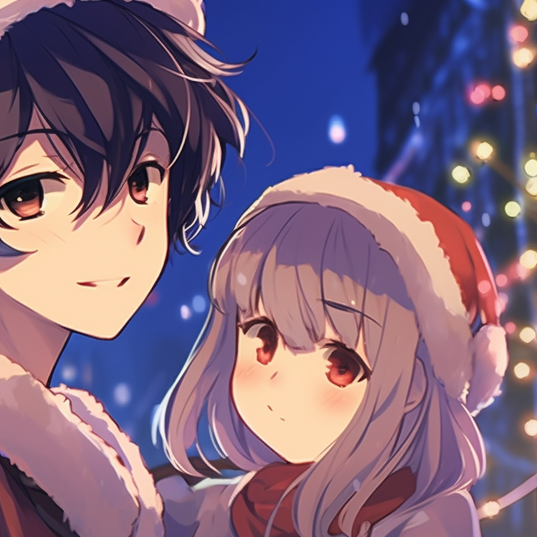 Two characters sharing a Santa hat, intimate environment, cozy colors. festive matching anime christmas pfp pfp for discord.
