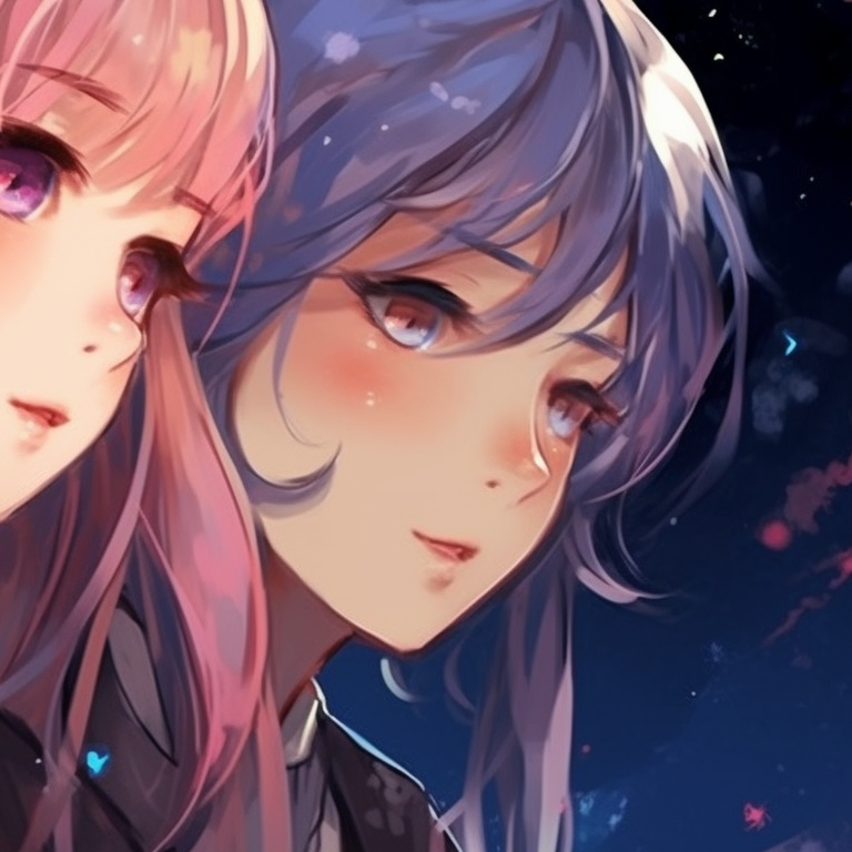 Two characters under a sunset sky, warm color scheme and matching expressions. matching pfp for besties aesthetic pfp for discord.