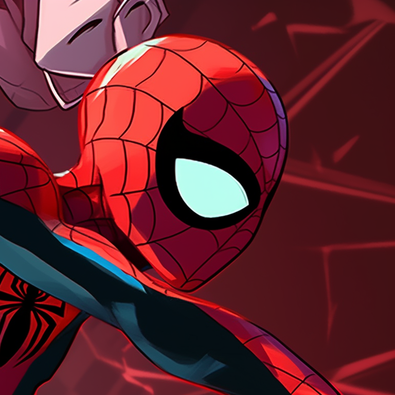 Two characters in matching spider-man outfits, strong outlines and primary colors. spider man matching pfp for kids pfp for discord.