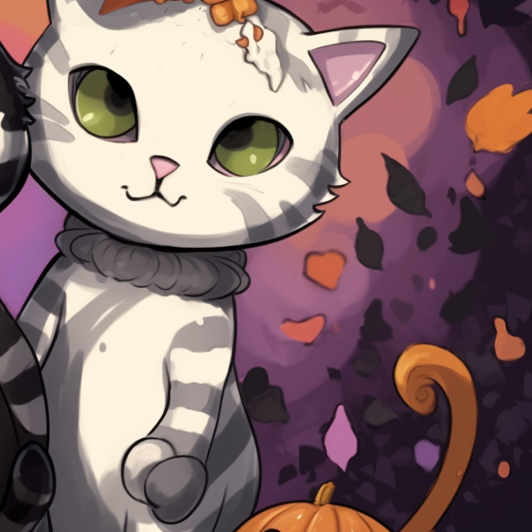 Two cat characters, bright and glowing eyes, one wearing a witch's hat, the other with vampire teeth. matching halloween-themed cats portrait pfp pfp for discord.