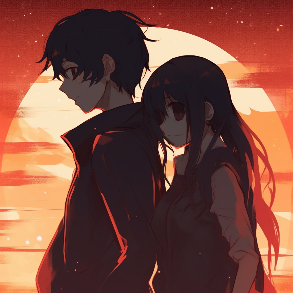 Silhouettes of an anime couple side by side, with warm tones and minimalistic approach. apart yet together: unique matching anime pfp for long-distance couples