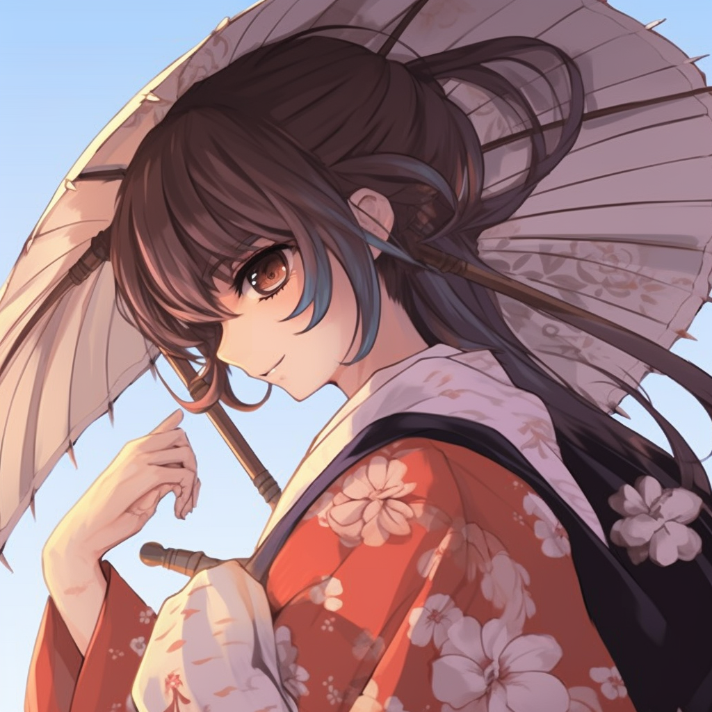 Two female anime characters, both in traditional kimono, one with a parasol and another with a fan. female anime pfp matching