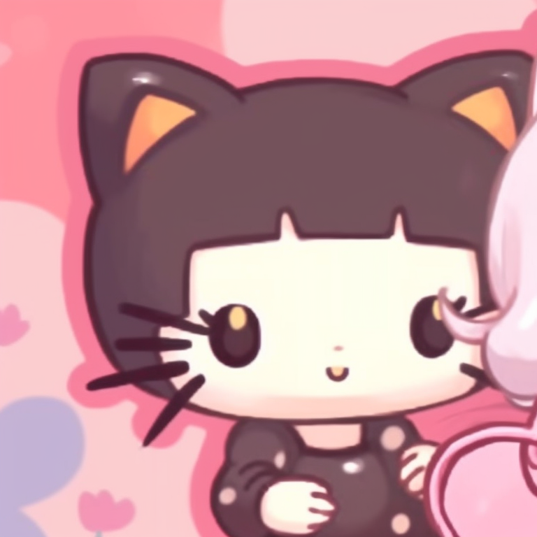 Close-up of Hello Kitty and anime character amid cherry blossoms, pinkish hues with a serene environment. hello kitty and anime characters matching pfp pfp for discord.