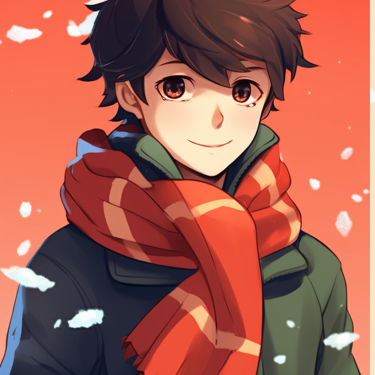 Two characters bundled up in Christmas outfits and scarves, the warm color palette contrasts the chilly backdrop. unique matching christmas tiktok pfp pfp for discord.