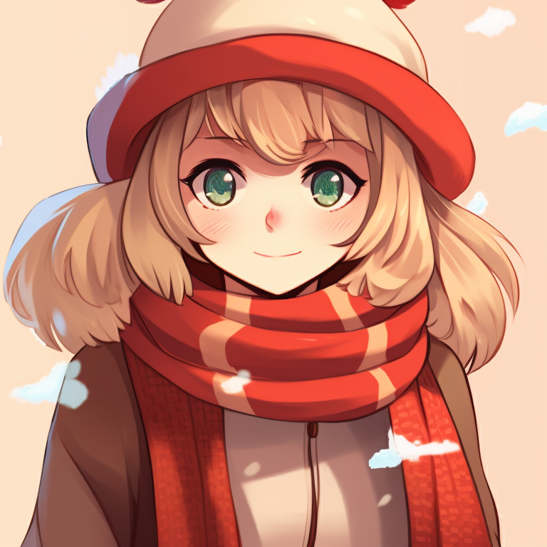 Two characters bundled up in Christmas outfits and scarves, the warm color palette contrasts the chilly backdrop. unique matching christmas tiktok pfp pfp for discord.
