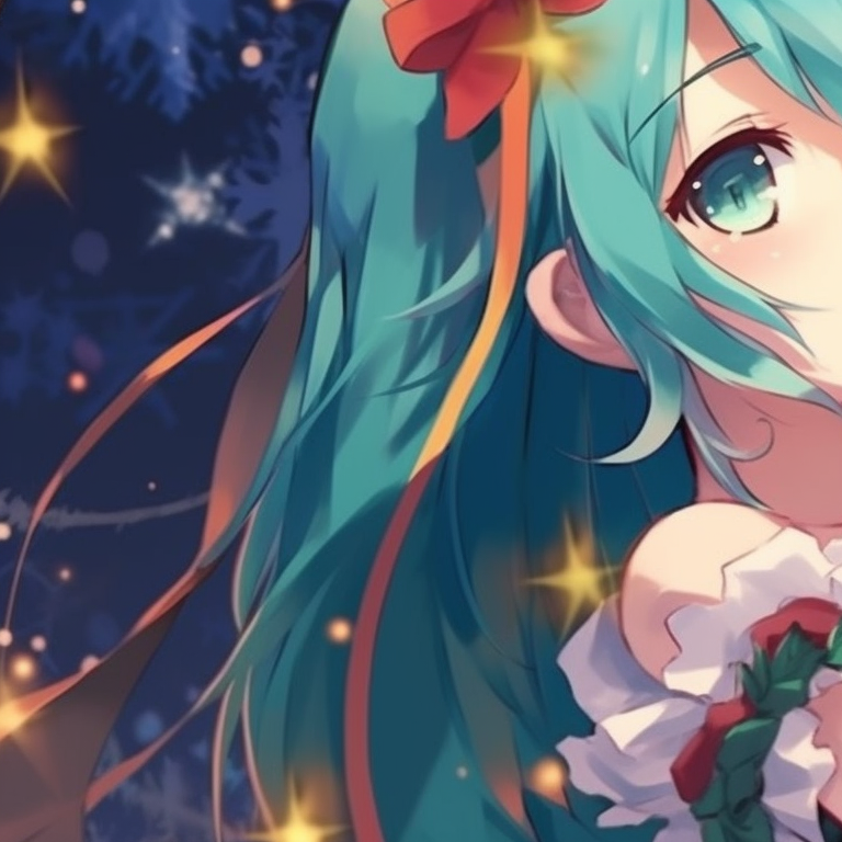 Hatsune Miku ringing golden Christmas bells, detailed sparkling effects, creating a festive atmosphere. engaging matching hatsune miku christmas pfp designs pfp for discord.