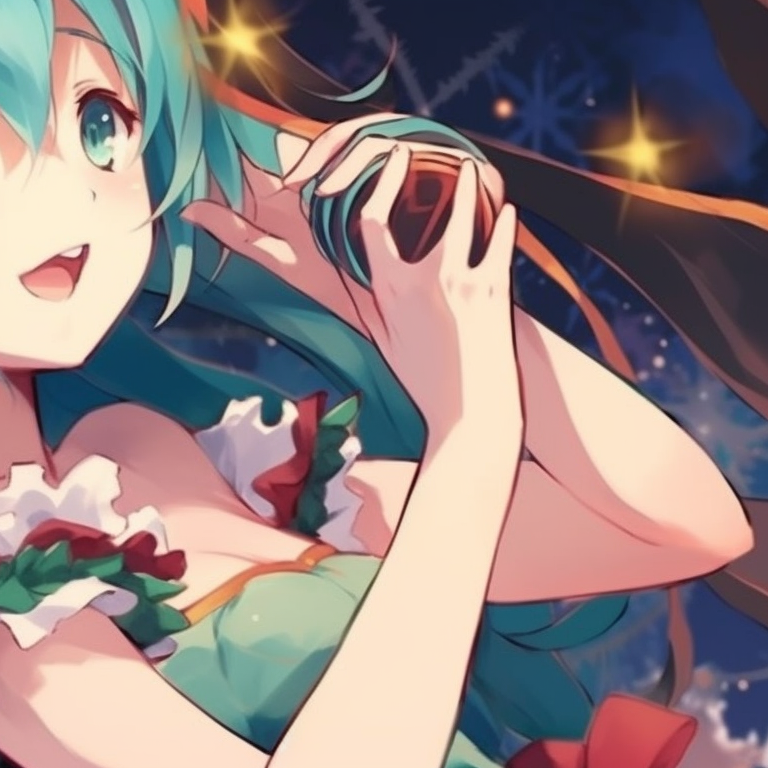 Hatsune Miku ringing golden Christmas bells, detailed sparkling effects, creating a festive atmosphere. engaging matching hatsune miku christmas pfp designs pfp for discord.