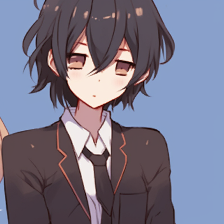 Two characters sharing an umbrella, high contrast colors and romantic ambiance. creative anime pfp matching pfp for discord.