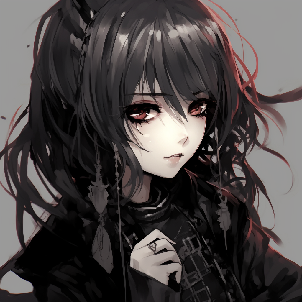 Goth Anime Girl PFP, monochrome styling with dominant black and white hues. stylish goth anime girl pfp pfp for discord.