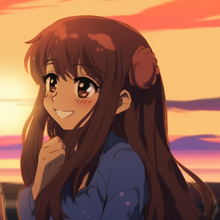 Two characters in vintage attire, retro anime styling with subdued color palette. matching pfp for couples favorite cartoons pfp for discord.