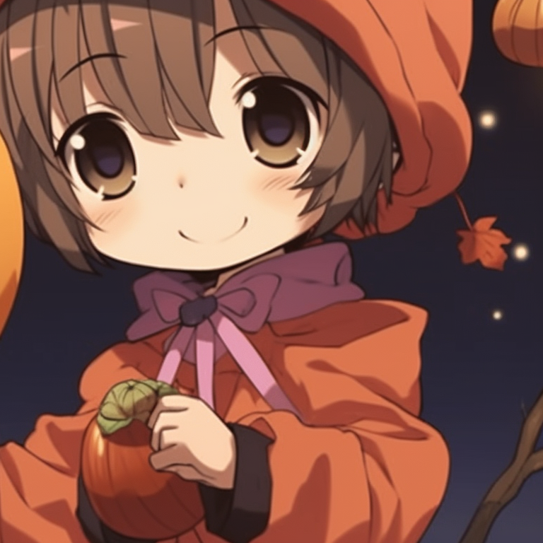 Two anime characters in matching outfits, with designs of Christmas and pumpkins, a sense of warmth emitted by the use of autumnal colors. cute matching christmas pumpkin pfp pfp for discord.