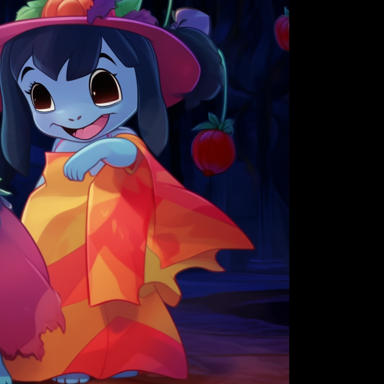 Silhouettes of Lilo and Stitch in fancy vampire and wolf costumes against an eerie backdrop, mixed hues of purples and blues. halloween-themed lilo and stitch matching profile pictures pfp for discord.