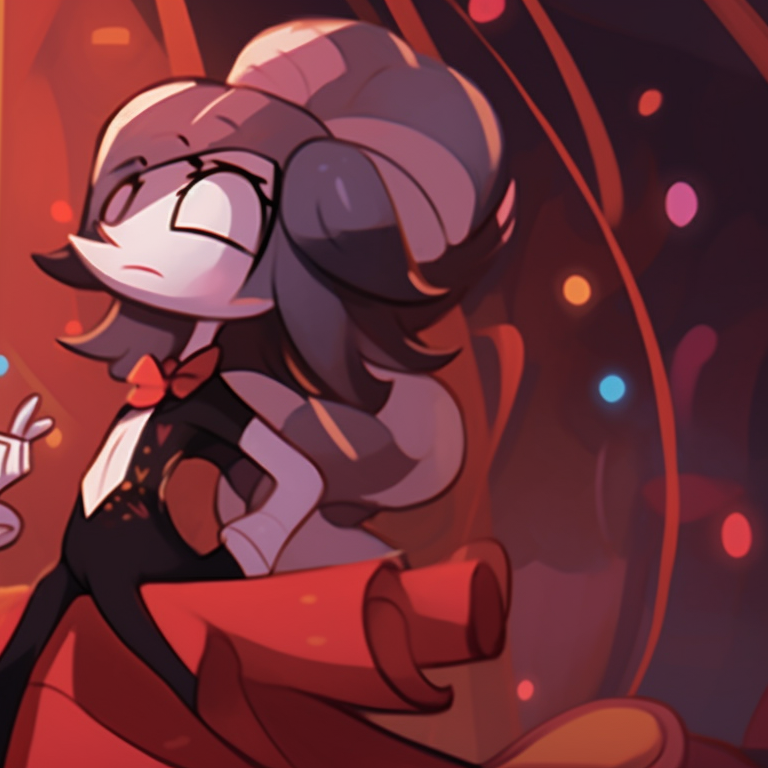 Spotlight on Moxxie and Millie, exaggerated shadows and intense expressions, microphones in hand. creative helluva boss moxxie and millie pfp pfp for discord.