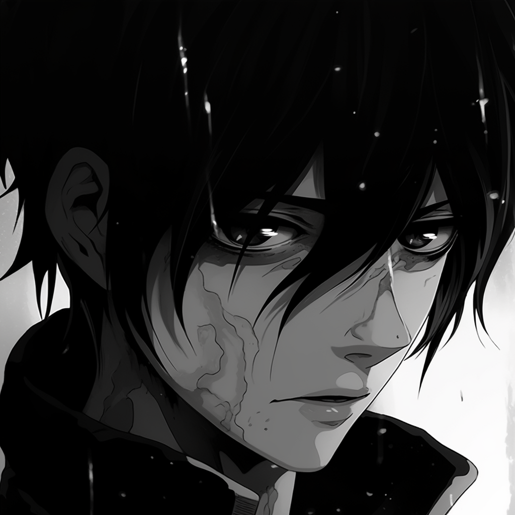 Sasuke Uchiha from Naruto, dramatic shadows and detail in his Sharingan eye. diverse black and white anime pfp