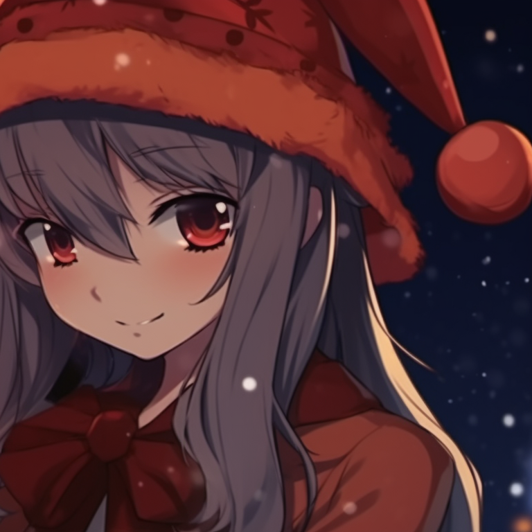 Two characters in Santa-like attire, vibrant colors with a tinge of dark shading, posed in an eerie backdrop. unique anime christmas pfp blending halloween theme pfp for discord.