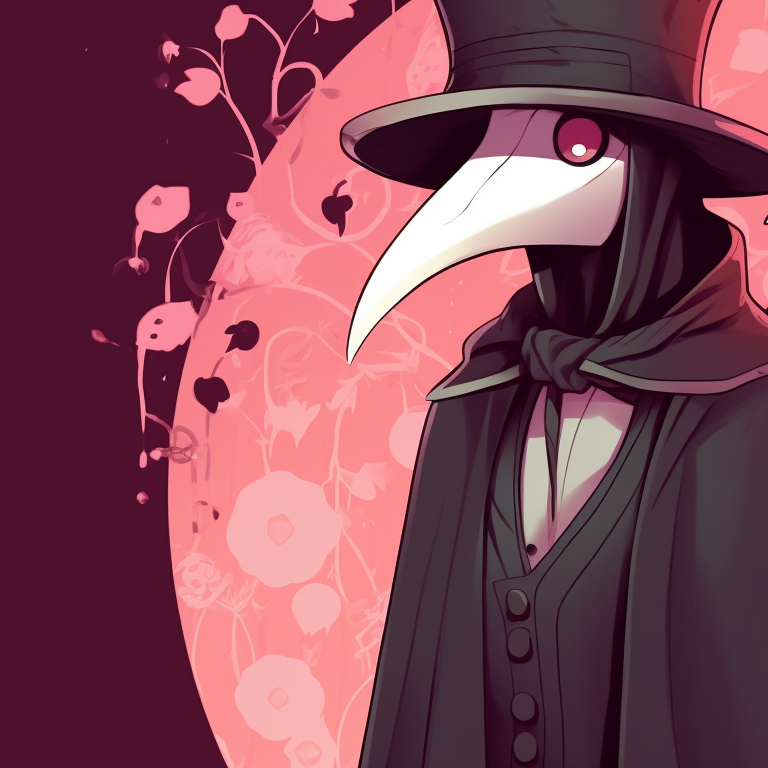 Close-up of two plague doctors under mistletoe, intricate details visible on their masks. matching plague doctor pfp festive season pfp for discord.