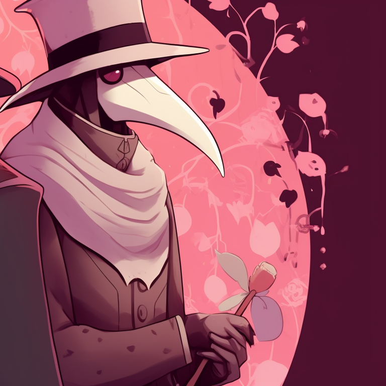Close-up of two plague doctors under mistletoe, intricate details visible on their masks. matching plague doctor pfp festive season pfp for discord.