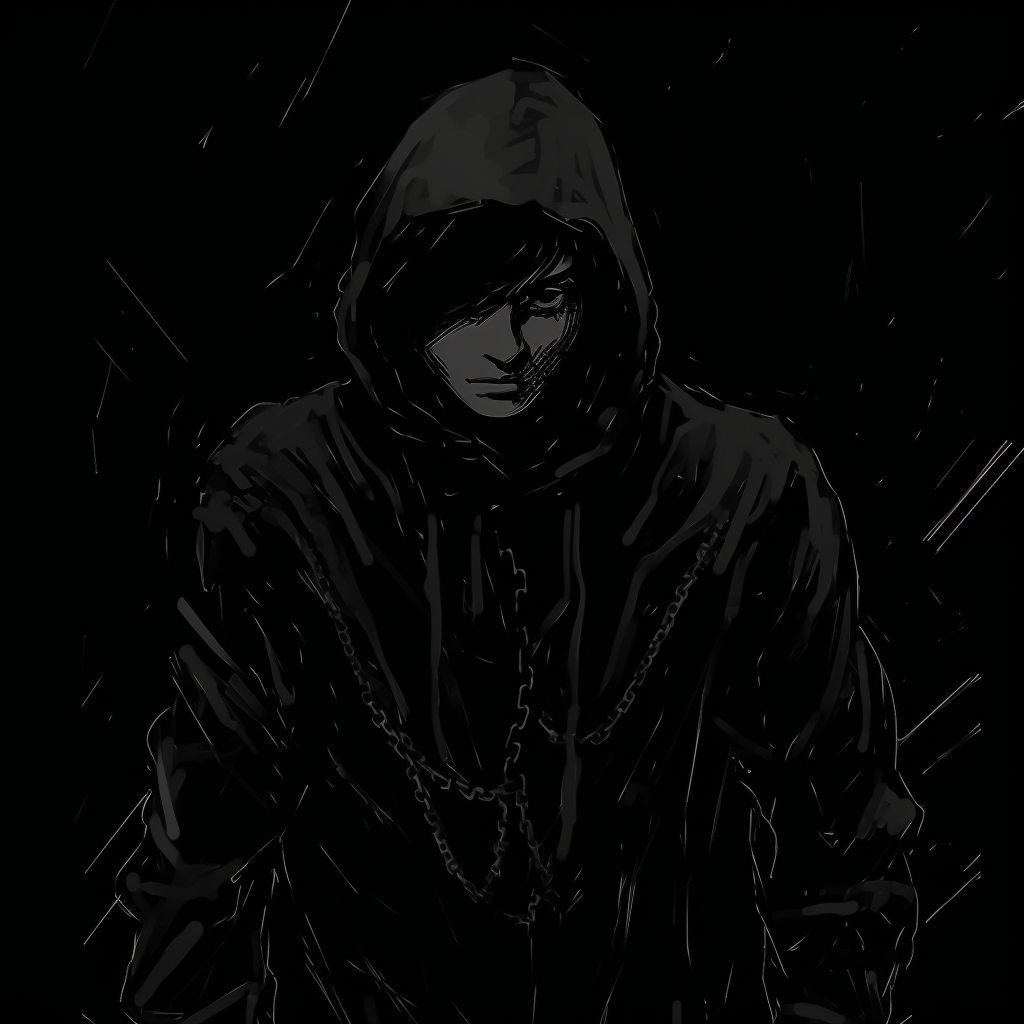 Close-up of the dark mysterious figure, focusing on the high contrast of shadows and fine details. cryptic dark aesthetic pfp pfp for discord.