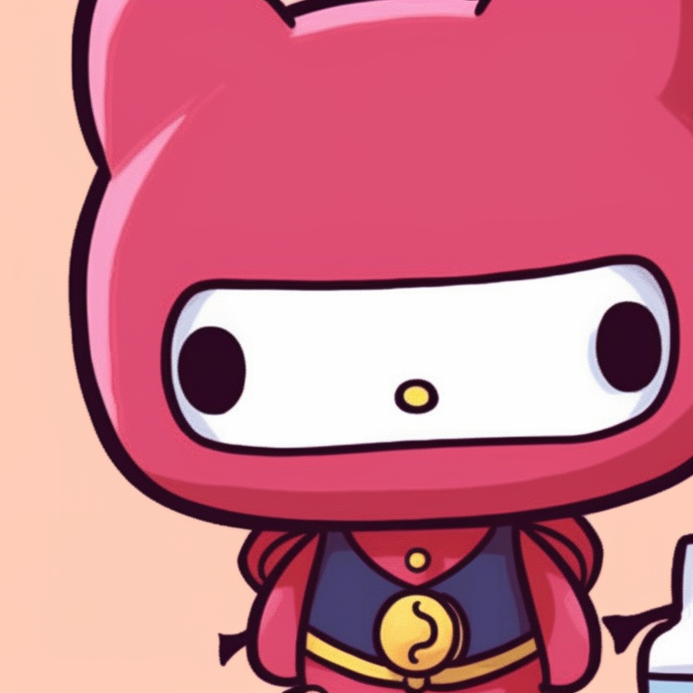 Two characters, one in detailed superhero costume, the other in minimalist Hello Kitty design. hello kitty and superheroes matching pfp pfp for discord.