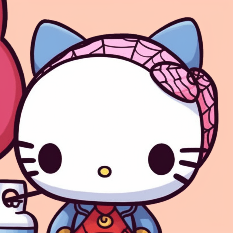 Two characters, one in detailed superhero costume, the other in minimalist Hello Kitty design. hello kitty and superheroes matching pfp pfp for discord.