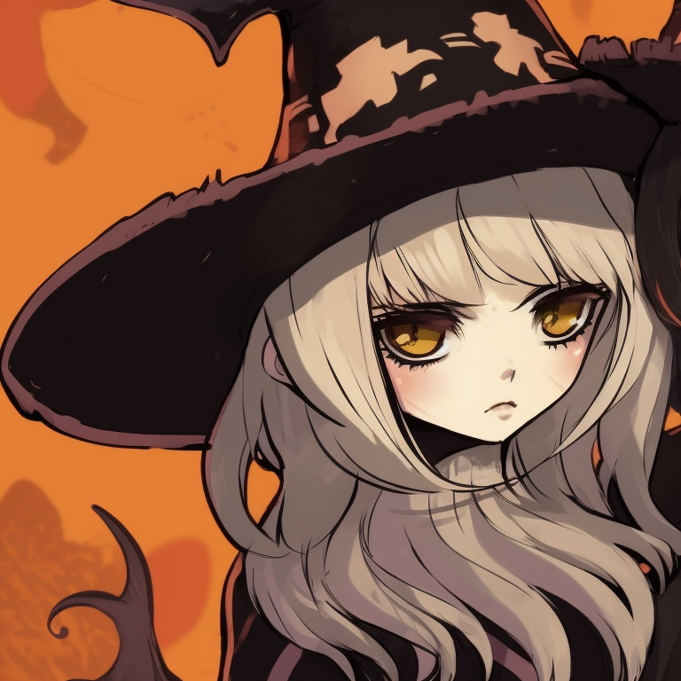 Two characters dressed as witches, eyecatching details in their expressive eyes. goth pfp in a halloween-themed matching style pfp for discord.