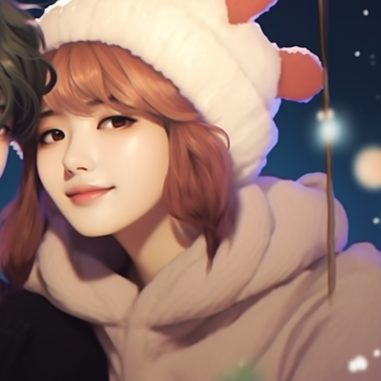 Two characters in fancy Christmas outfits, elegant details and rich color palette. matching bts christmas pfp art for fans pfp for discord.