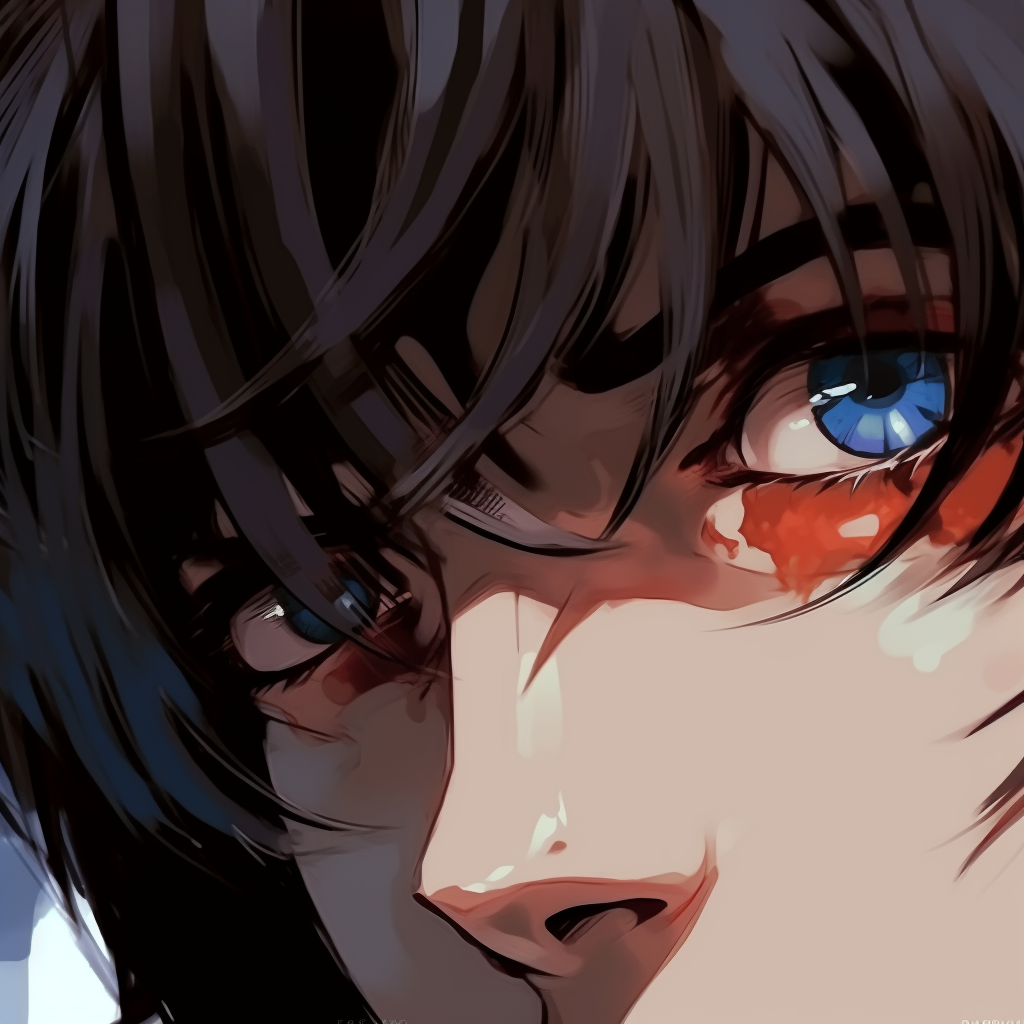 Profile shot of a brooding anime male, focusing on the intense eyes designed with dark hues and sharp contrasts. pfp anime eyes male art