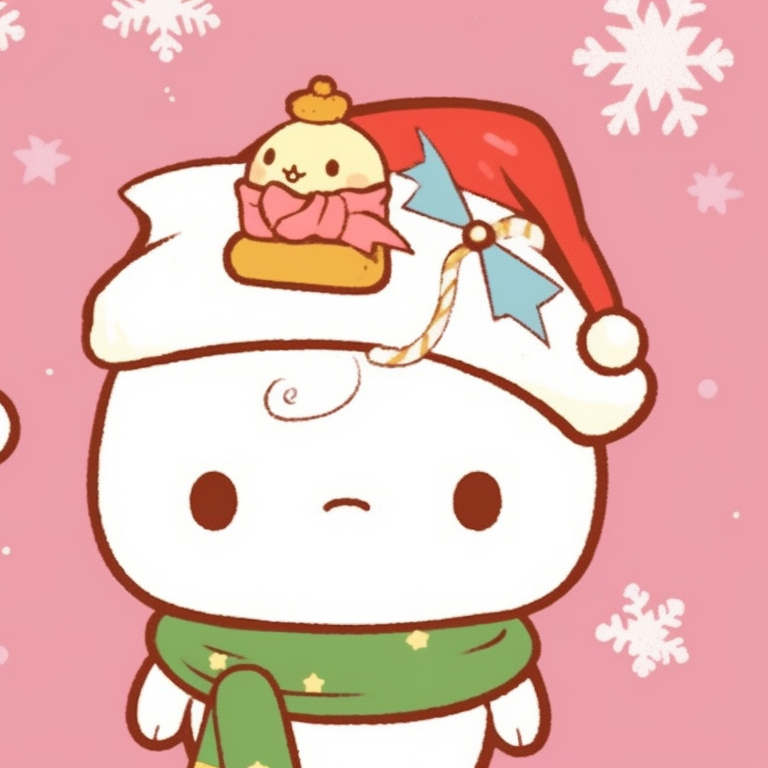 My Melody characters, vibrant colors and fine details, wearing festive apparel and holding a bouquet of christmas trees. adorable matching sanrio christmas pfp selection pfp for discord.