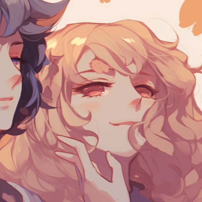 Two characters, warm golden lighting from a sunset, romantic mood. High contrast. exquisite golden pfp discord items pfp for discord.