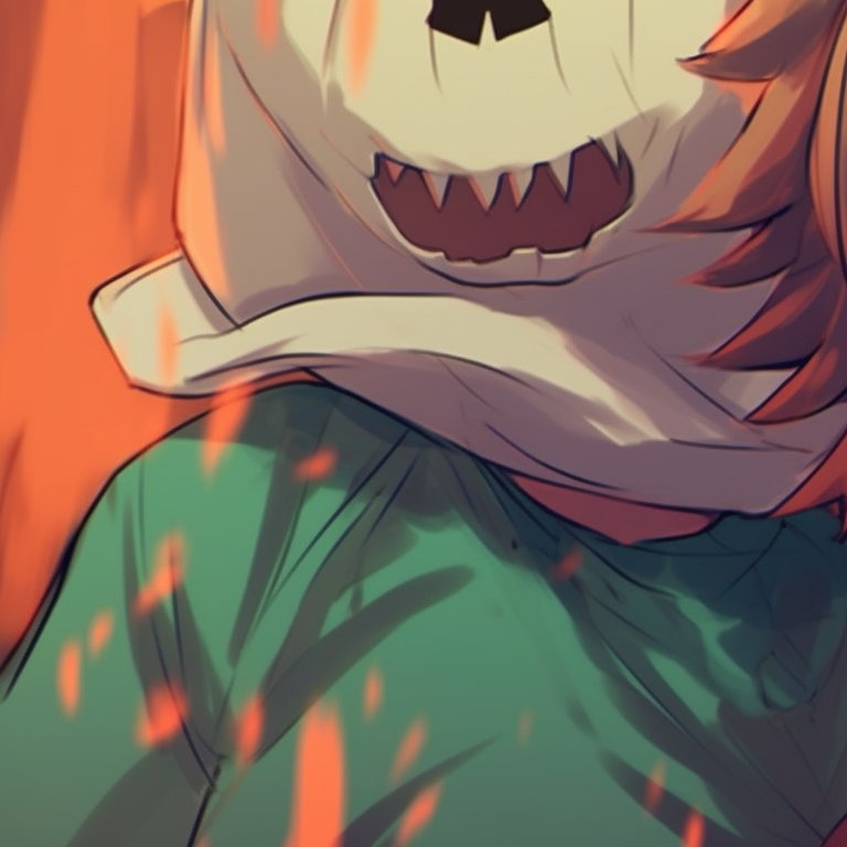 Deku and Uraraka in matching Halloween costumes, vibrant colors and playful mood. deku and uraraka halloween edition pfp for discord.