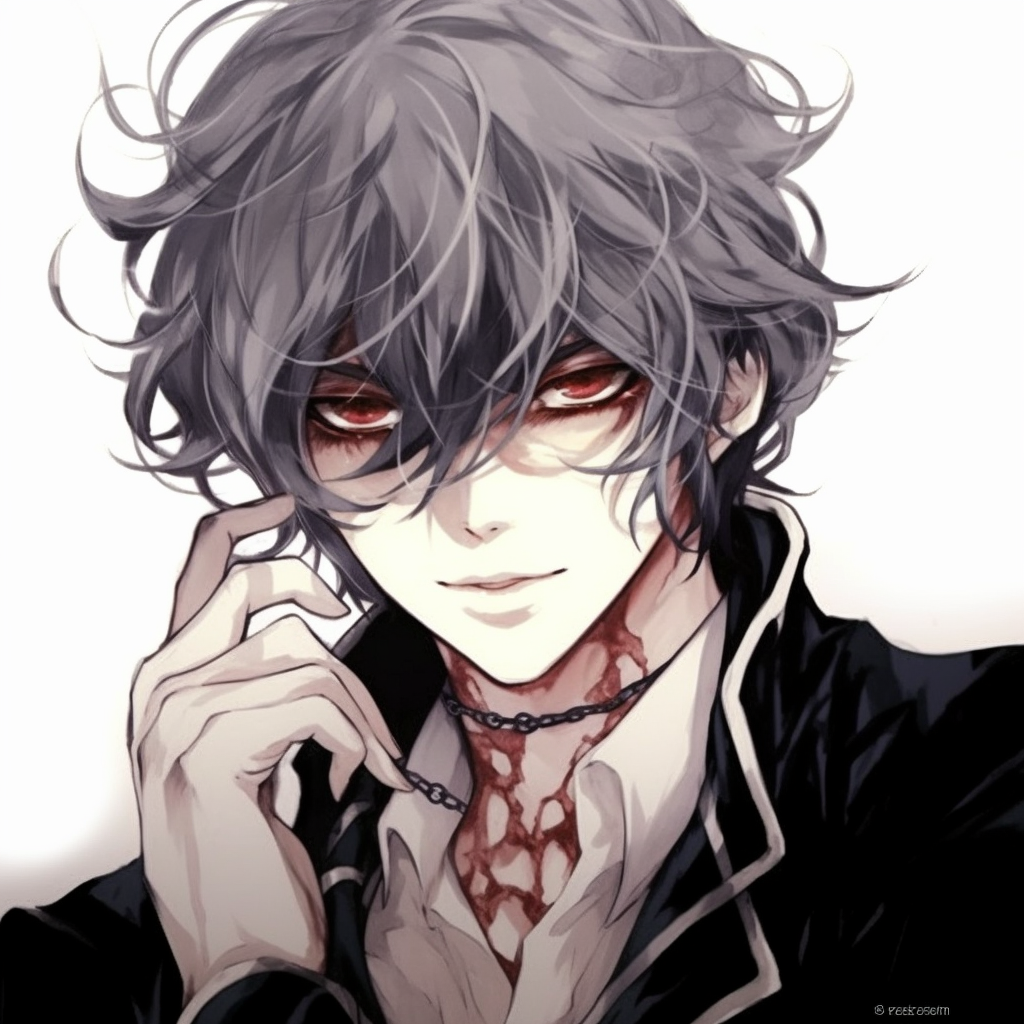 Kaname Kuran in a relaxed pose, dark tones and detailed linework. anime male character pfp