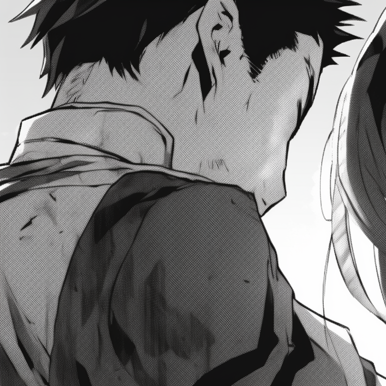 Two characters in meditative poses, minimalist detail, locked in silence. black and white matching pfp anime styles pfp for discord.