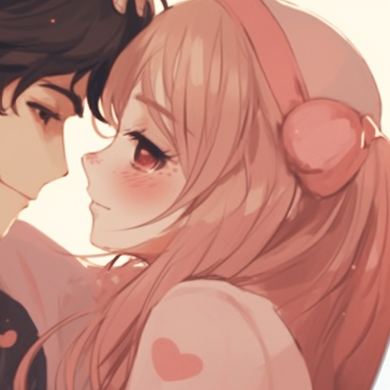 Two characters in sweet embrace, soft colors and rounded lines. adorable matching pfp for couples pfp for discord.