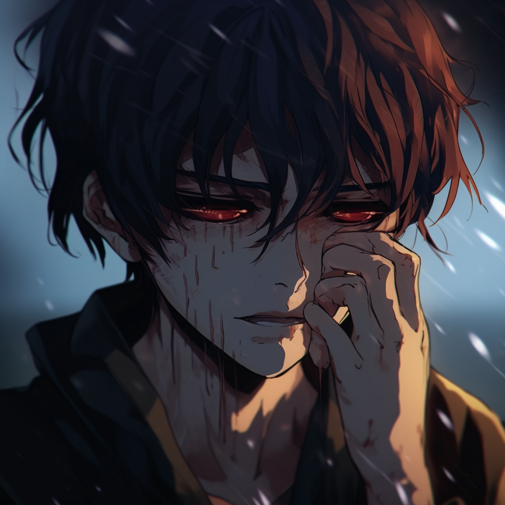 A detailed side profile of a tormented anime boy, framed by luminous tears and soft color accents. anime pfp with tears pfp for discord.