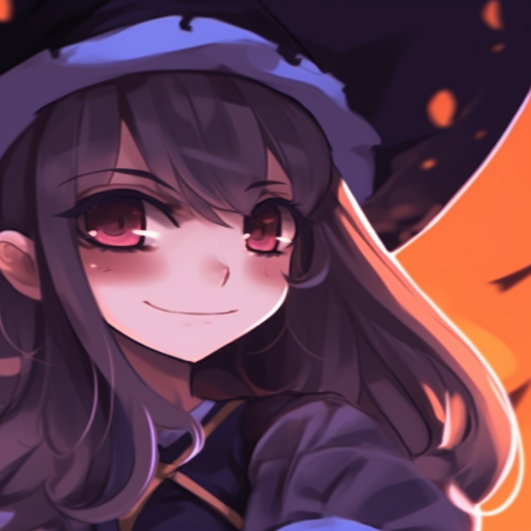 Two characters in matching pumpkin-themed outfits, playful expressions, deep orange shades. spooky halloween pfp matching pfp for discord.