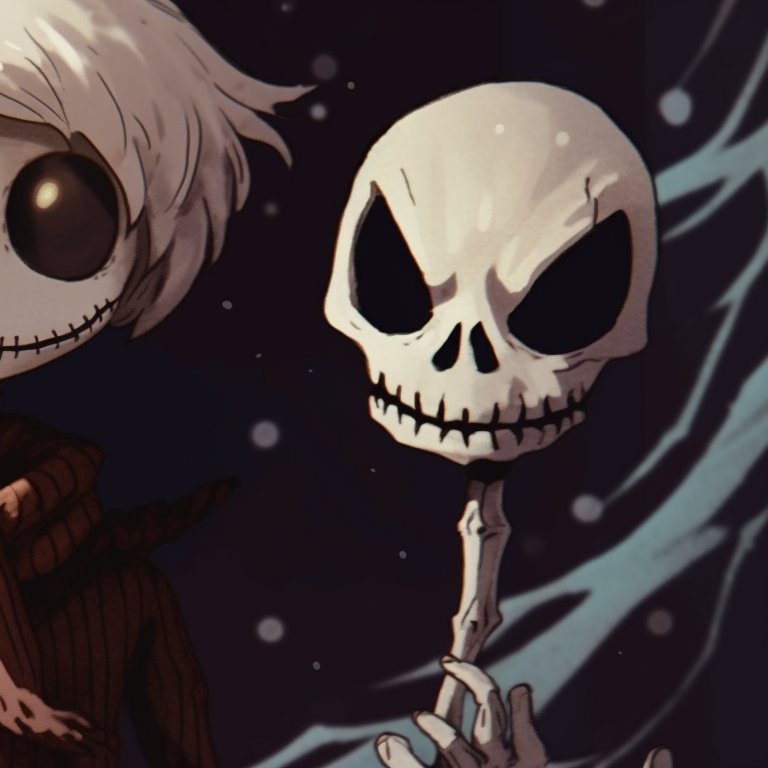 Two characters, in the style of Tim Burton's Nightmare Before Christmas, contrasting bright and dark shades. spooky christmas matching pfp designs pfp for discord.