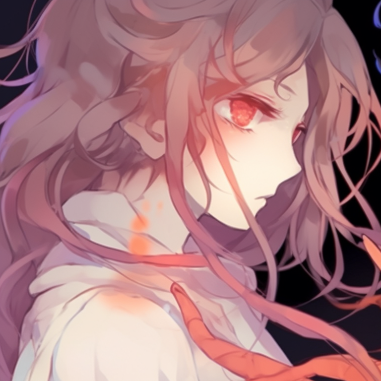 Two ethereal characters, flowing lines and pale pastel colors, hands intertwining. halloween-inspired anime matching pfps pfp for discord.