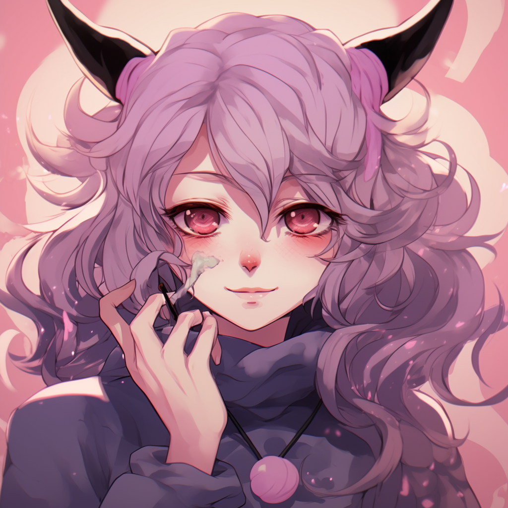 Closeup of Netsuko, highlighting her pink eyes and gentle smile. anime demon pfp for fans pfp for discord.
