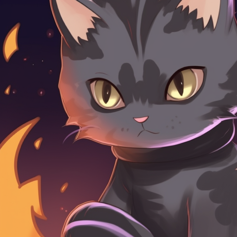 Two cat characters with intense stares, one with a skeleton mask, the other with a witch's broom, characterized by electric colors. matching halloween-themed cats portrait pfp pfp for discord.