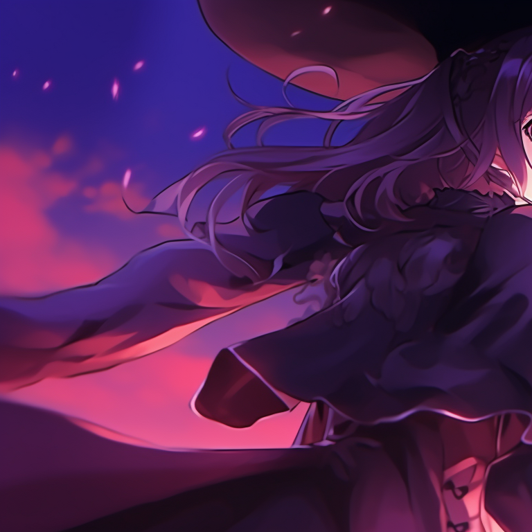 Two witch characters sharing a magic broom, under shining moonlight. aesthetic halloween couple matching pfps pfp for discord.