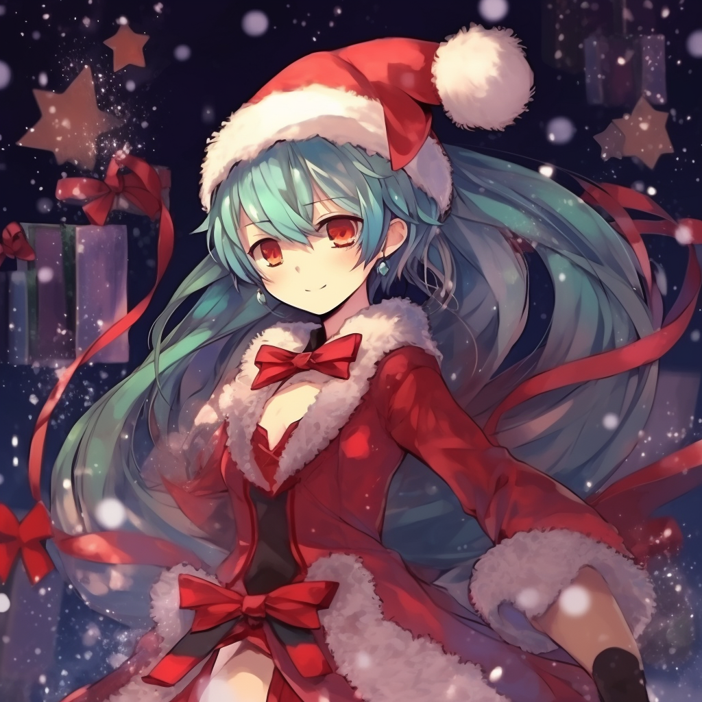 A snowy scene with Miku Hatsune, finely detailed with soft pastel colors. anime christmas theme pfp