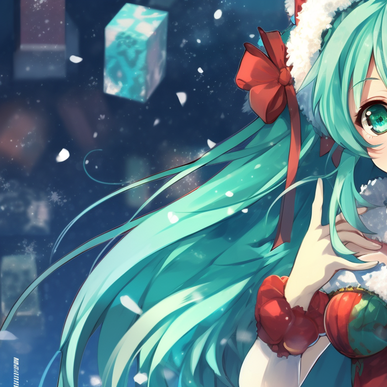 Hatsune Miku characters in identical Christmas hats and outfits, candy canes and bows in their hair signal holiday season, colors are bright and cheerful. hatsune miku's festive matching pfps pfp for discord.