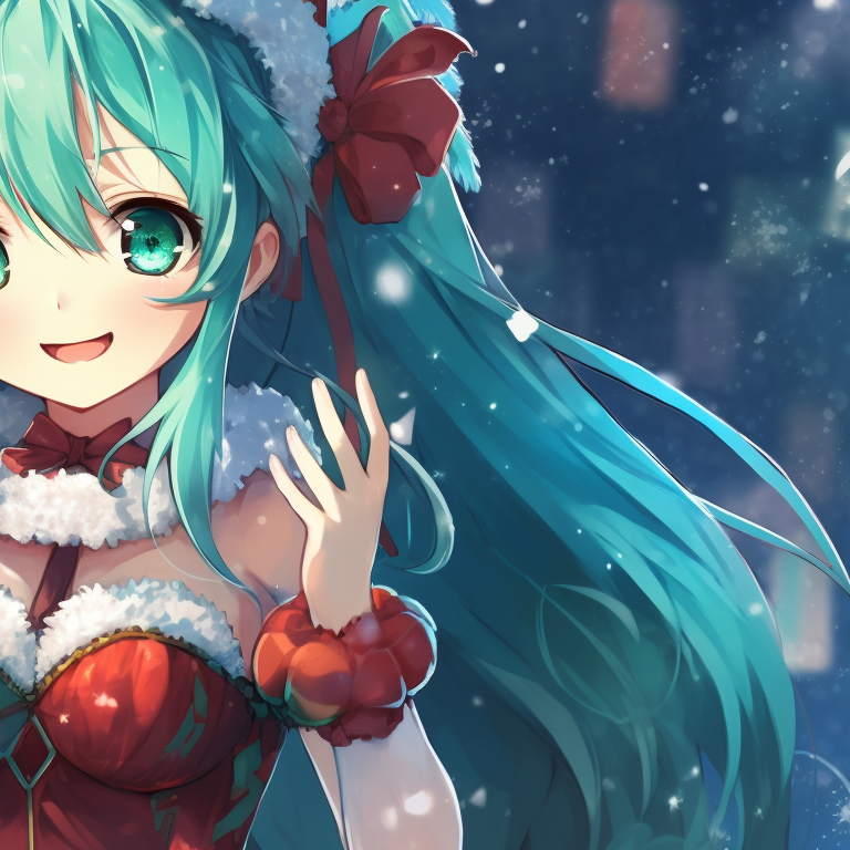 Hatsune Miku characters in identical Christmas hats and outfits, candy canes and bows in their hair signal holiday season, colors are bright and cheerful. hatsune miku's festive matching pfps pfp for discord.